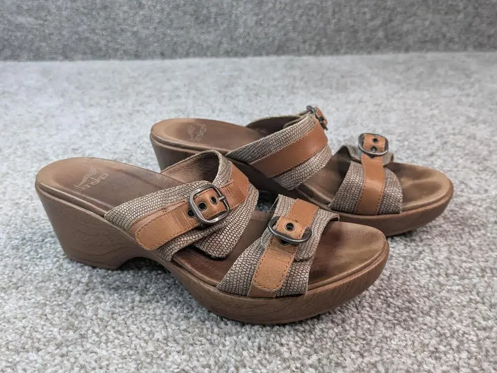 Dansko Sandals Shoes Womens Size 38 8 7.5 Brown Jessie Wedge Slide Buckle Lizard